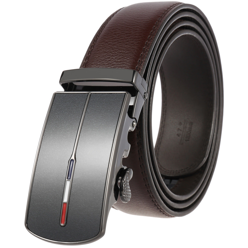Ceinture pour homme Vaugirard 20 en cuir marron grainé avec boucle automatique rectangulaire gunmetal et détails tricolores.