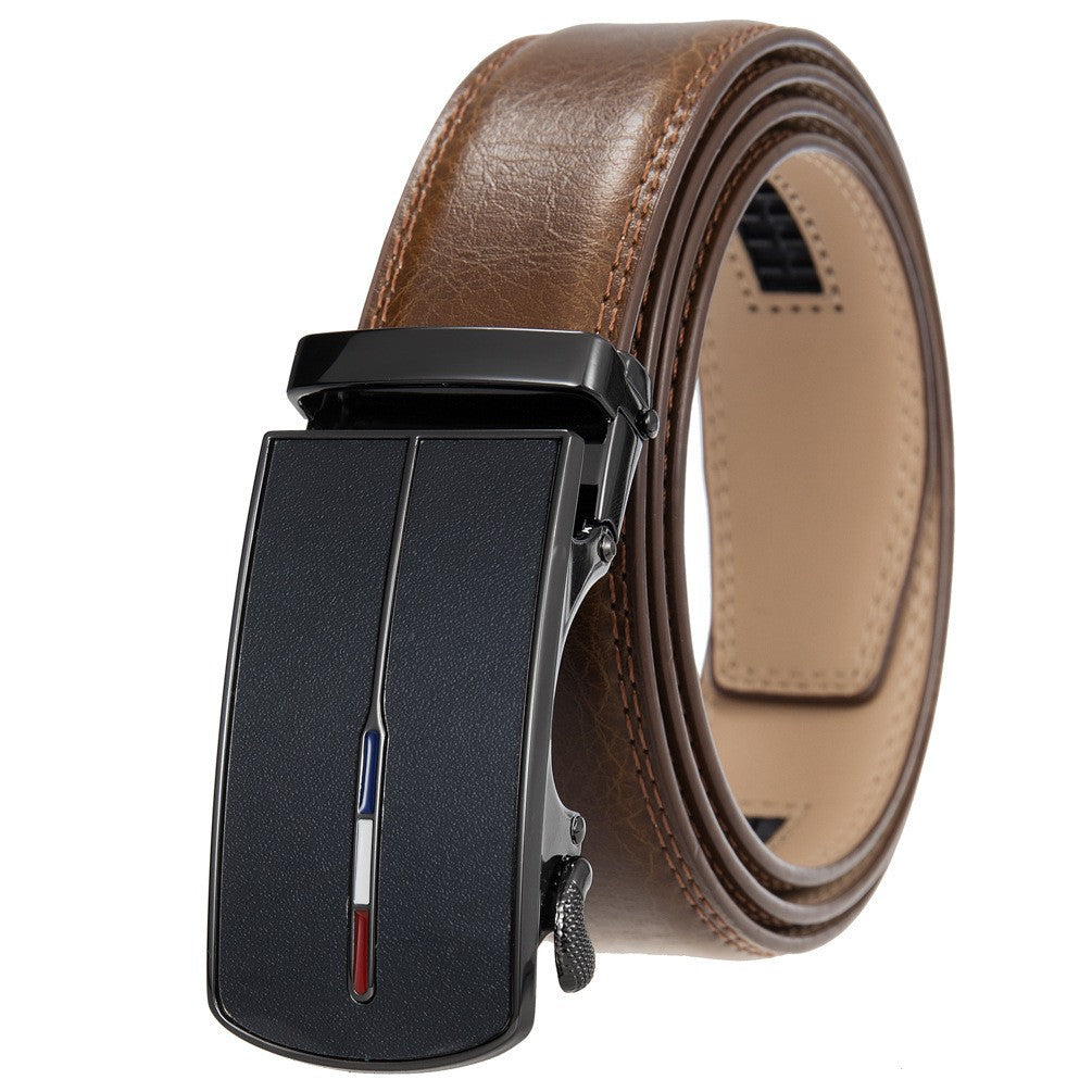 Ceinture homme Vaugirard 60 en cuir marron avec boucle automatique noire et détails tricolores
