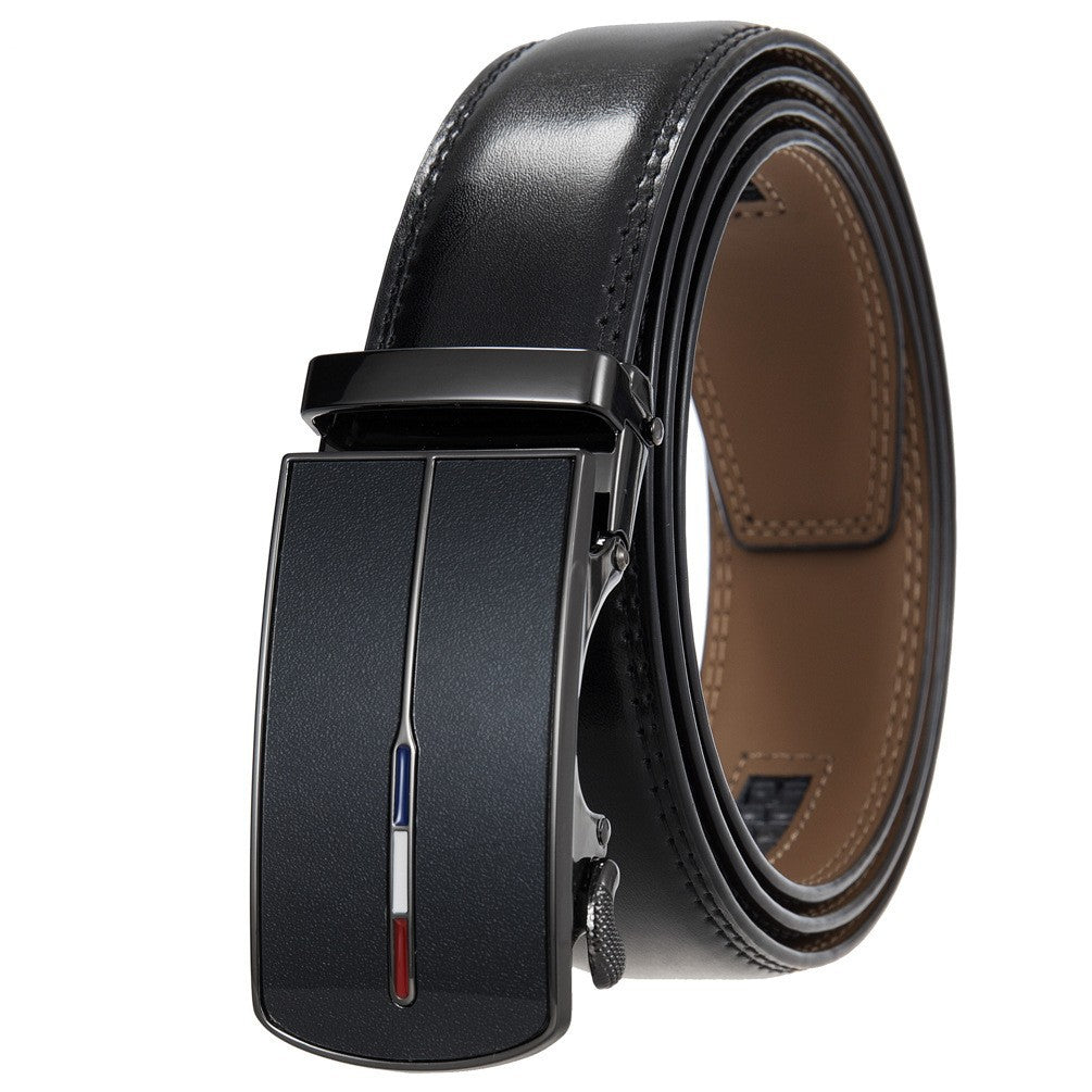 Ceinture homme Vaugirard 95 noire avec boucle automatique rectangulaire en métal gunmetal ornée de trois fines bandes colorées (bleu, blanc, rouge).