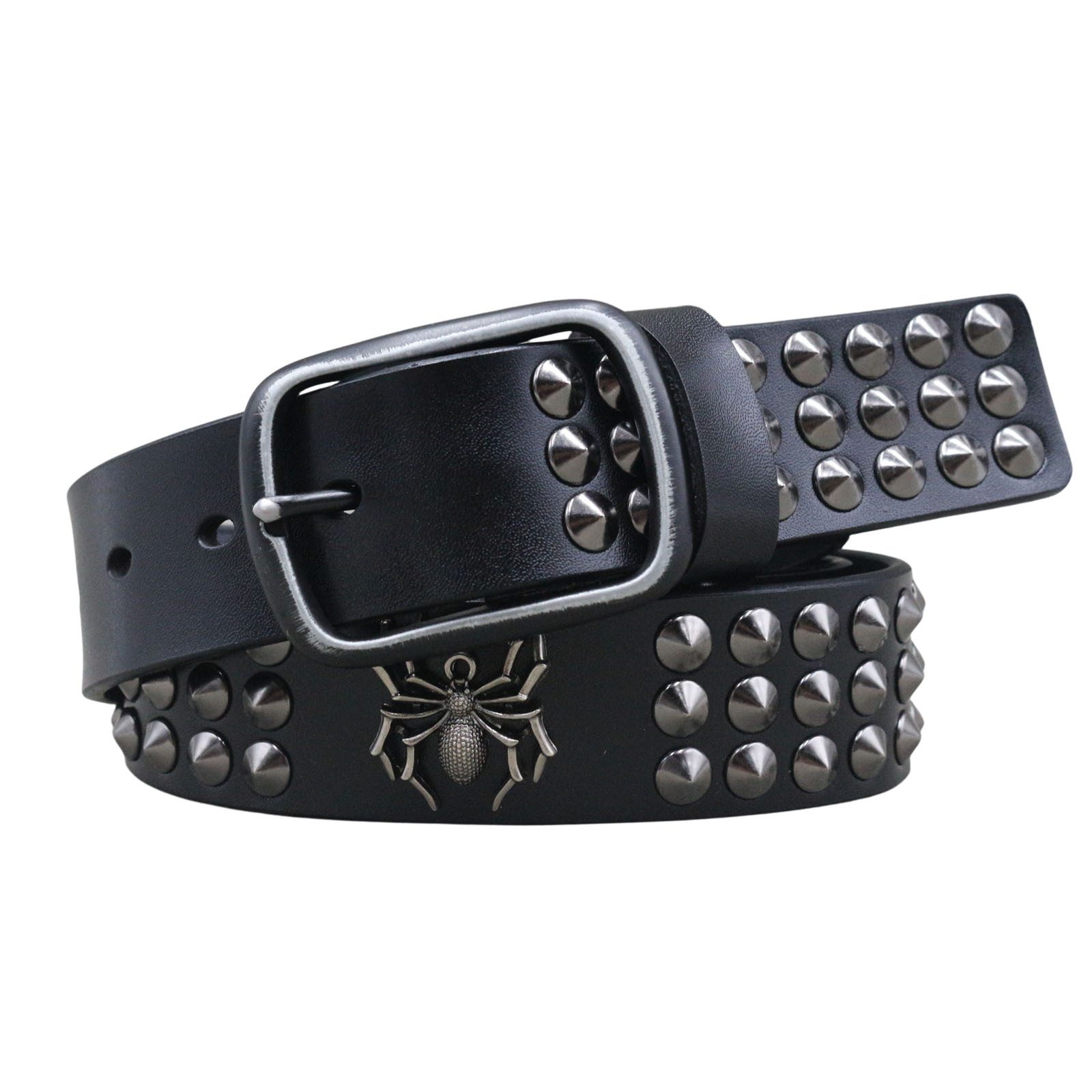 Ceinture Vaurien pour homme en cuir noir clouté avec un motif araignée et une boucle ardillon rectangulaire, largeur 4 cm.