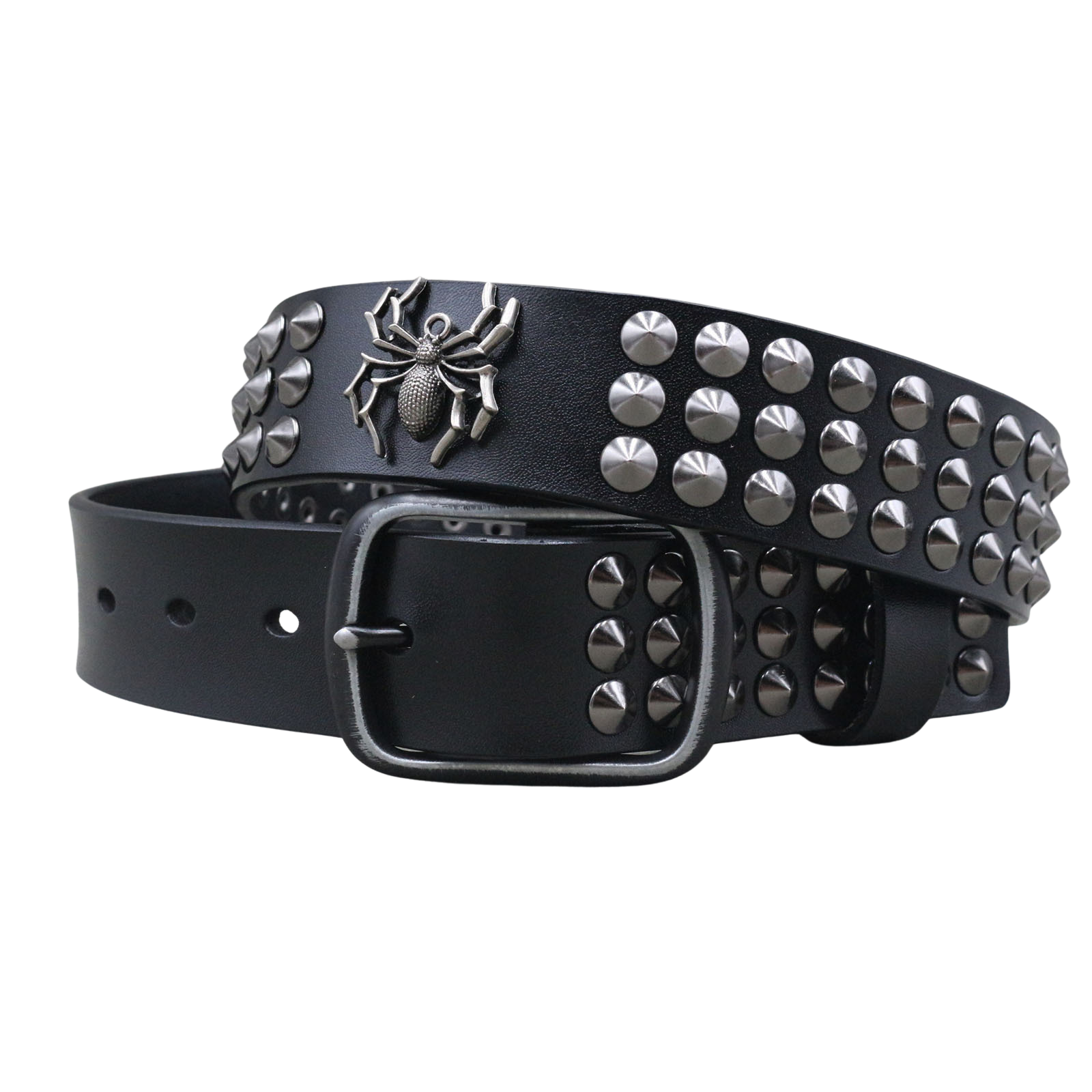 Ceinture Vaurien noire pour homme avec un motif araignée et des clous métalliques, boucle ardillon carrée.