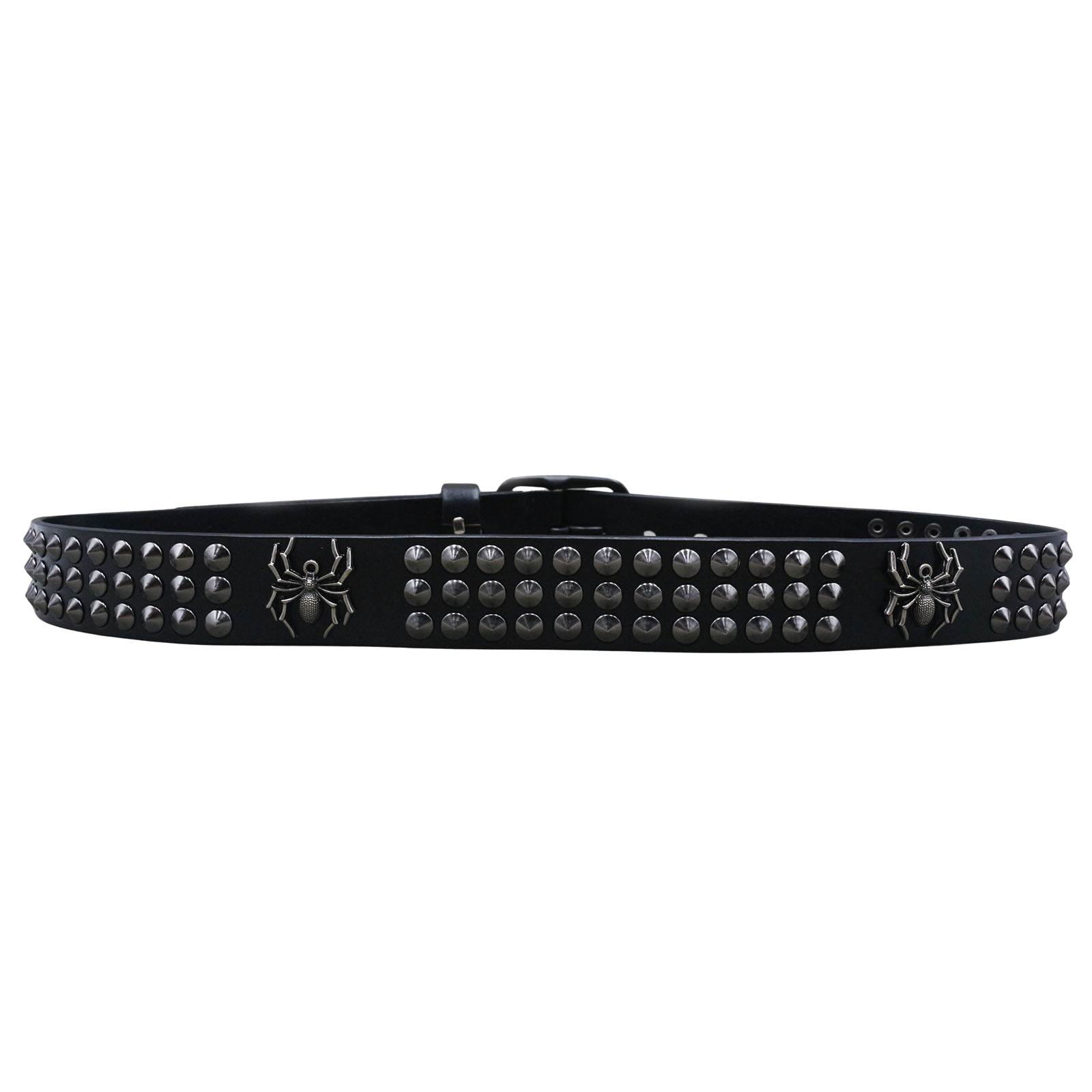 Ceinture Vaurien pour homme en cuir noir clouté, avec des motifs araignée et une boucle ardillon rectangulaire.
