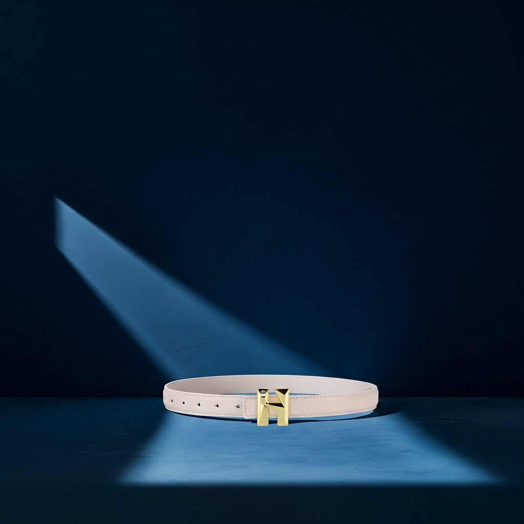 Ceinture Vénusté en cuir beige avec boucle dorée en forme de H, présentée sur fond bleu avec un rayon de lumière. #fullwidth