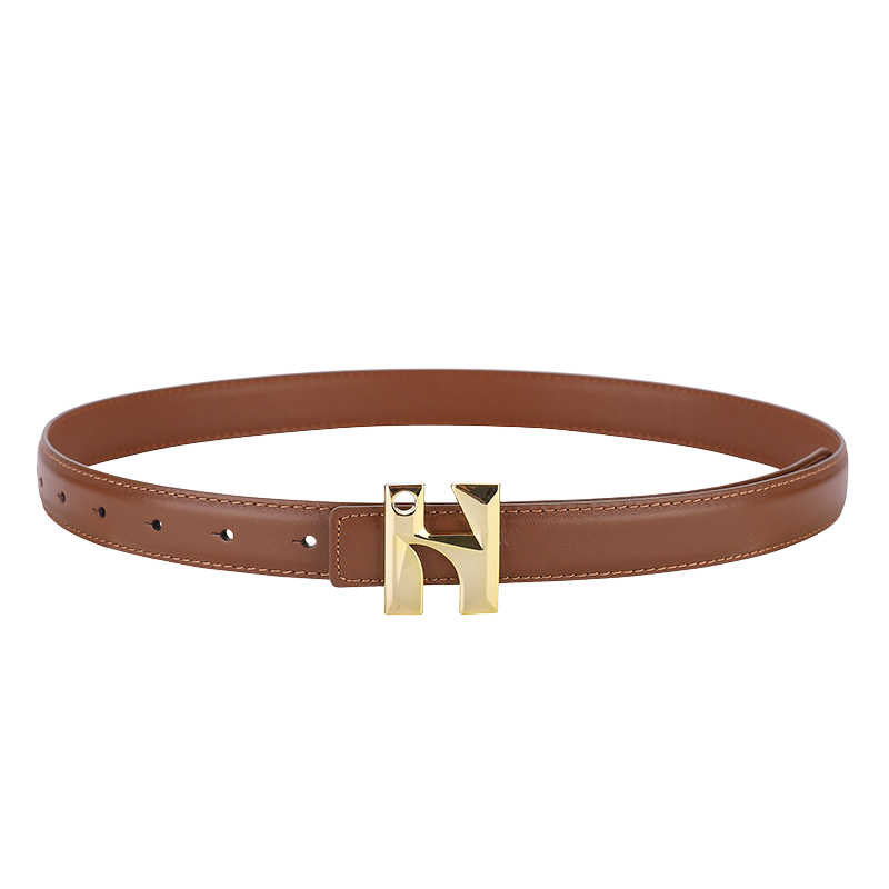 Ceinture Vénusté en cuir marron pour femme avec boucle dorée en forme de H, 2,3 cm de large.
