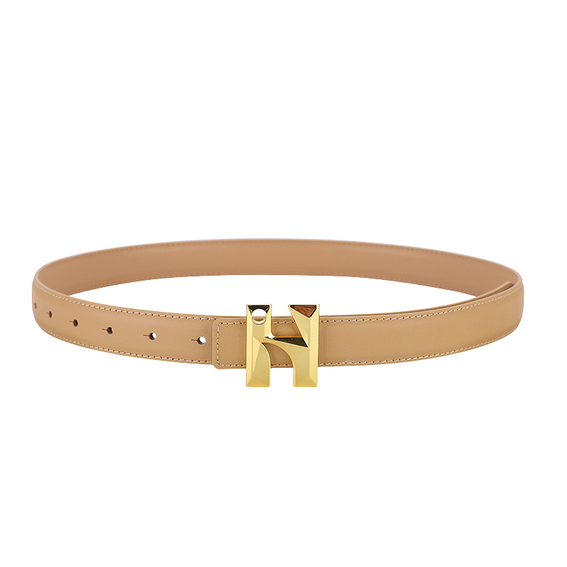 Ceinture Vénusté beige en cuir pleine fleur avec boucle dorée en forme de H.