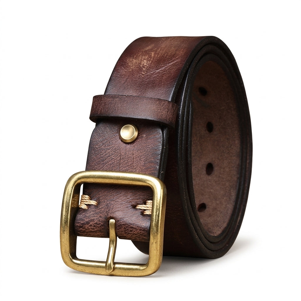 Ceinture pour homme Verneuil en cuir pleine fleur marron avec patine vieillie, boucle ardillon en cuivre massif finition bronze antique et coutures artisanales sur un fond texturé #fullwidth