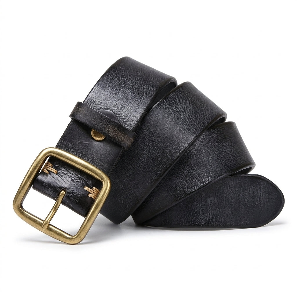 Ceinture homme Verneuil en cuir pleine fleur noir avec boucle ardillon rectangulaire en cuivre massif finition bronze antique, style vintage artisanal #fullwidth