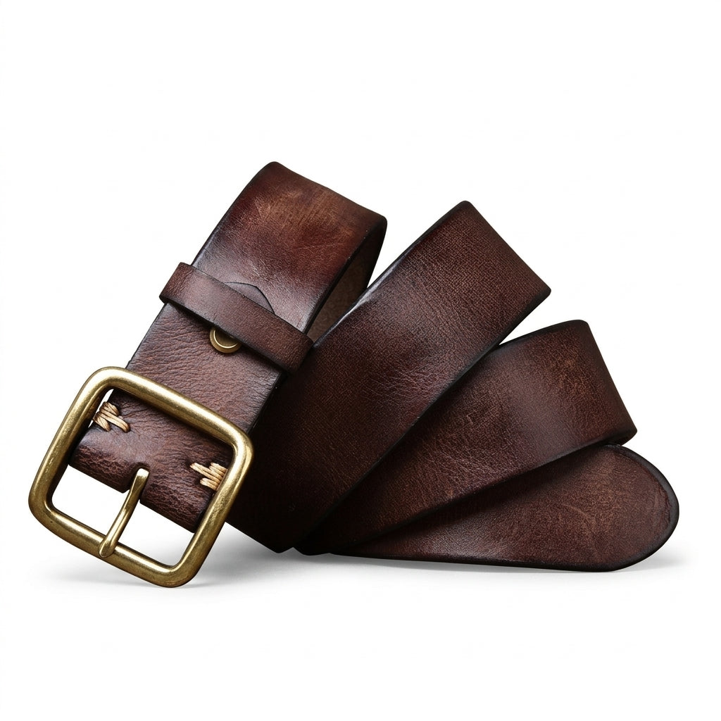 Ceinture homme Verneuil en cuir pleine fleur de vachette marron vieilli avec boucle ardillon rectangulaire en cuivre massif et coutures artisanales sur fond décoratif rustique #fullwidth
