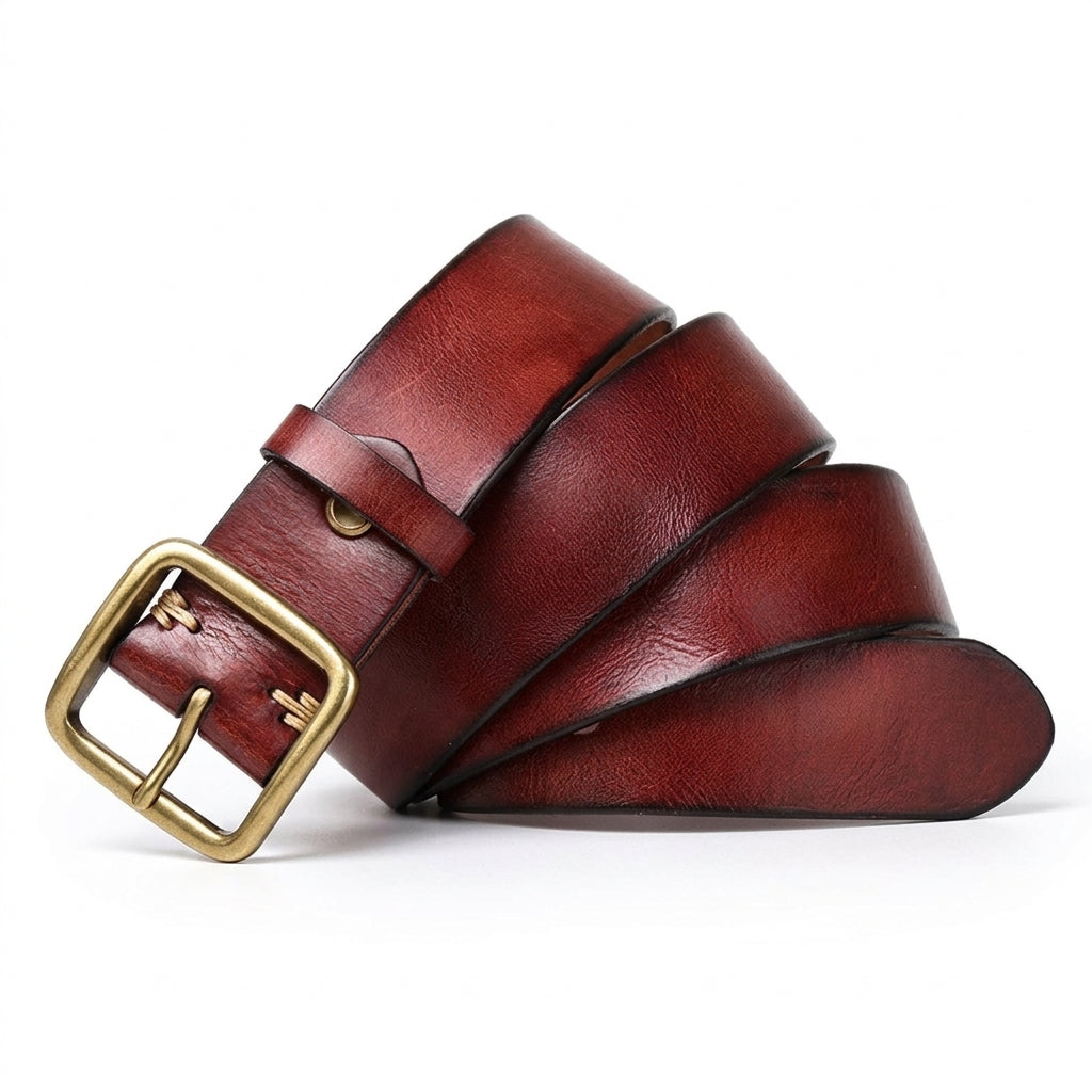 Ceinture homme Verneuil en cuir pleine fleur bordeaux avec boucle ardillon rectangulaire en cuivre vieilli, style vintage artisanal sur fond texturé #fullwidth