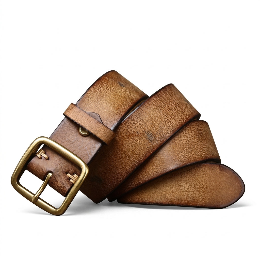 Ceinture homme Verneuil en cuir pleine fleur tannage végétal avec boucle ardillon en cuivre massif, finition patinée vintage #fullwidth