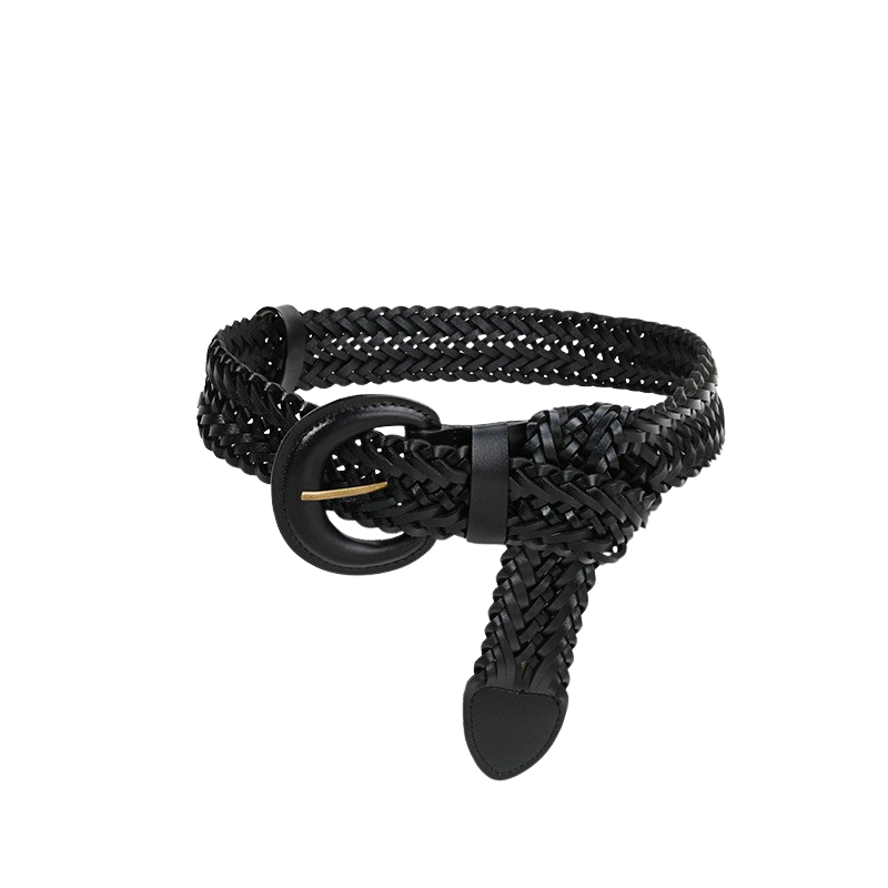 Ceinture Véronique noire en cuir tressé, avec une boucle ardillon demi-lune dorée et une finition daim.