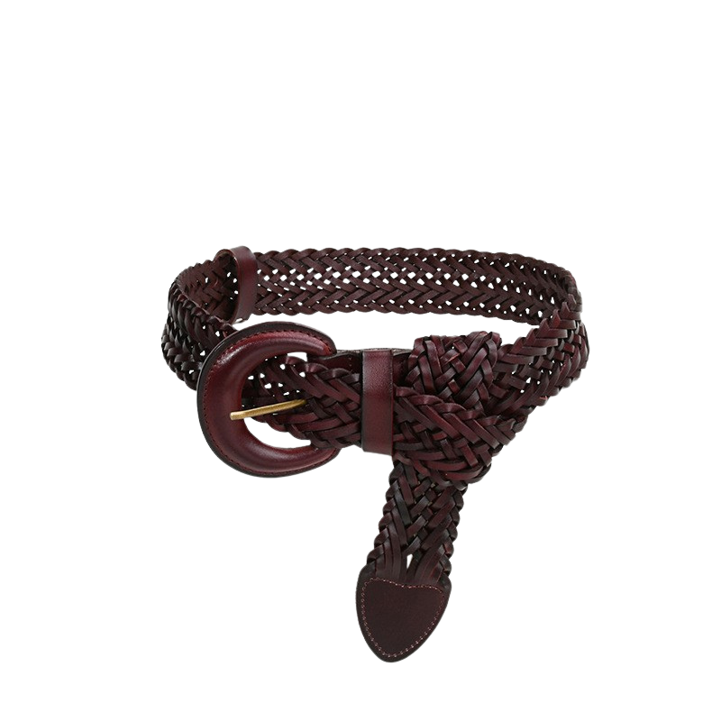 Ceinture femme Véronique en cuir tressé bordeaux avec boucle demi-lune dorée. Largeur > 4cm.