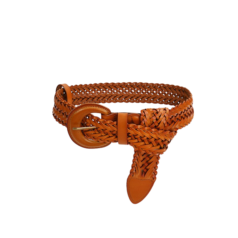 Ceinture en cuir de vachette tressé couleur cognac, modèle Véronique, avec boucle ardillon demi-lune dorée.