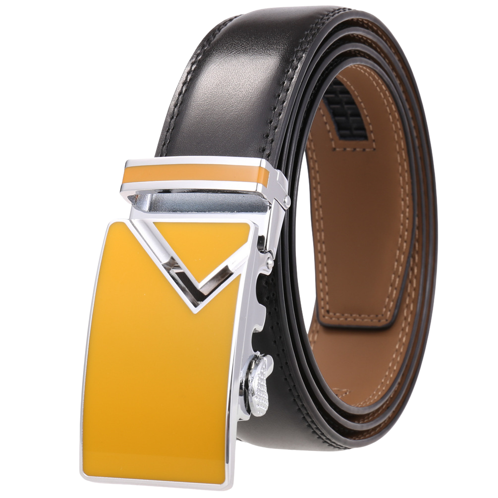 Ceinture homme Versailles 95 en cuir noir avec boucle rectangulaire automatique argentée et jaune, largeur 3,5 cm #fullwidth