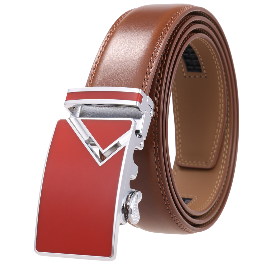 Ceinture pour homme Versailles 95 en cuir marron avec boucle automatique rectangulaire chromée et rouge. #fullwidth