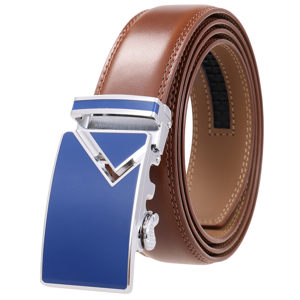Ceinture homme Versailles 95 en cuir marron avec boucle automatique rectangulaire chromée et bleue, largeur 3,5 cm #fullwidth