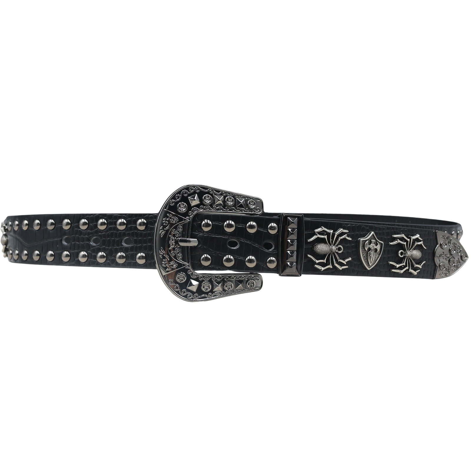 Ceinture Vesper pour homme en simili cuir noir effet crocodile, cloutée et ornée d'araignées et d'un bouclier sur la boucle argentée.