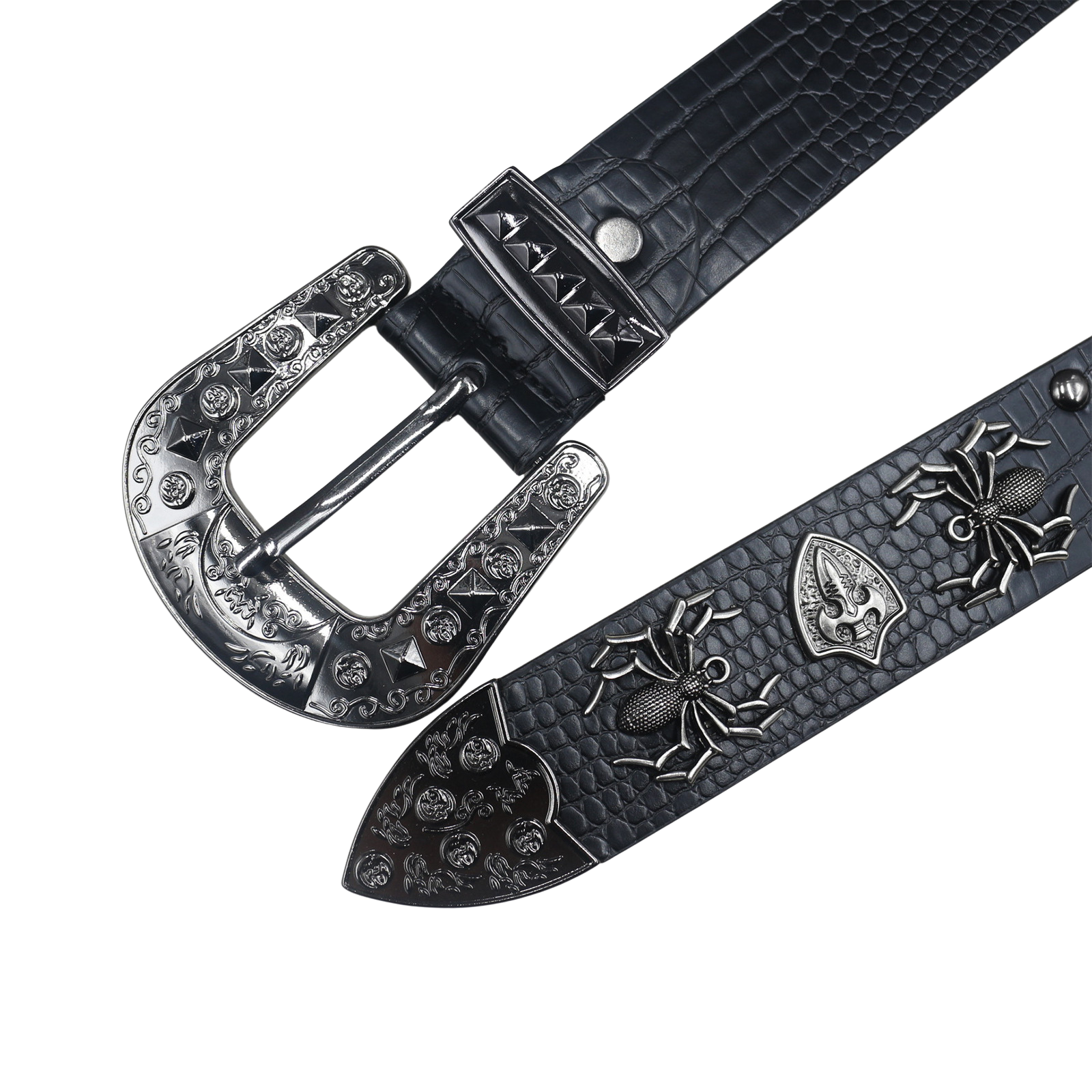 Ceinture Vesper pour homme en simili noir effet crocodile, avec boucle argentée ornée d'araignées et d'un blason, style punk western.
