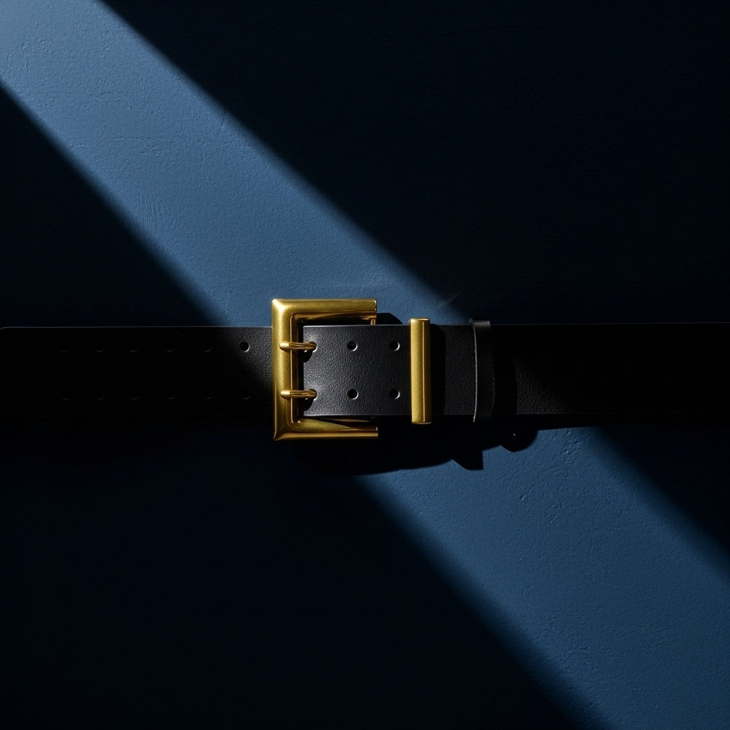 Ceinture Victoire noire en cuir lisse, large et structurante, avec une boucle rectangulaire dorée à double ardillon. #fullwidth