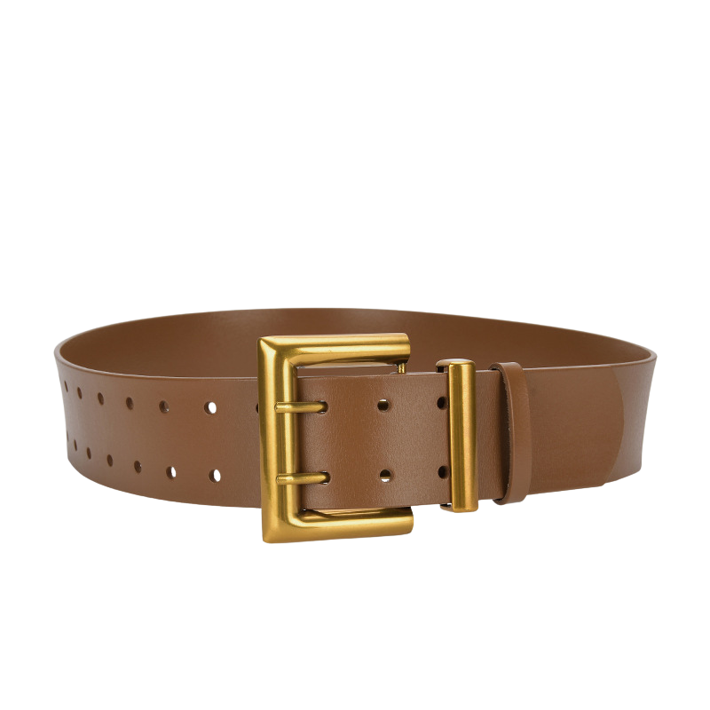 Ceinture femme Victoire marron en cuir lisse avec double ardillon et boucle rectangulaire dorée
