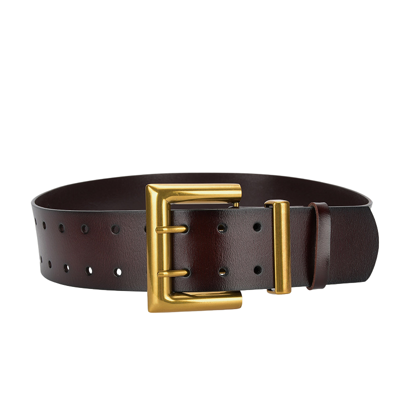 Ceinture Victoire en cuir marron foncé avec boucle rectangulaire dorée à double ardillon.