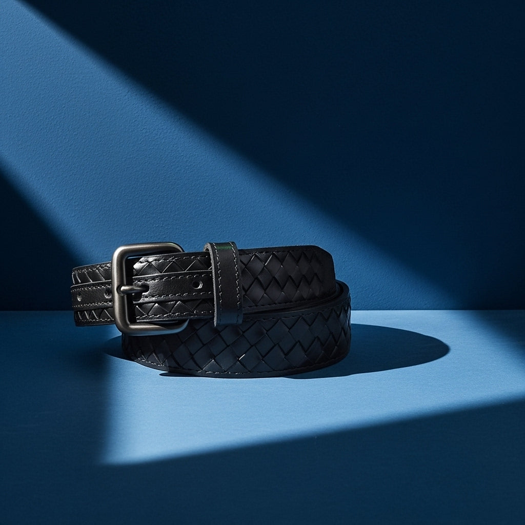 Ceinture tressée en cuir noir pour homme Victor Zen avec boucle ardillon argentée #fullwidth
