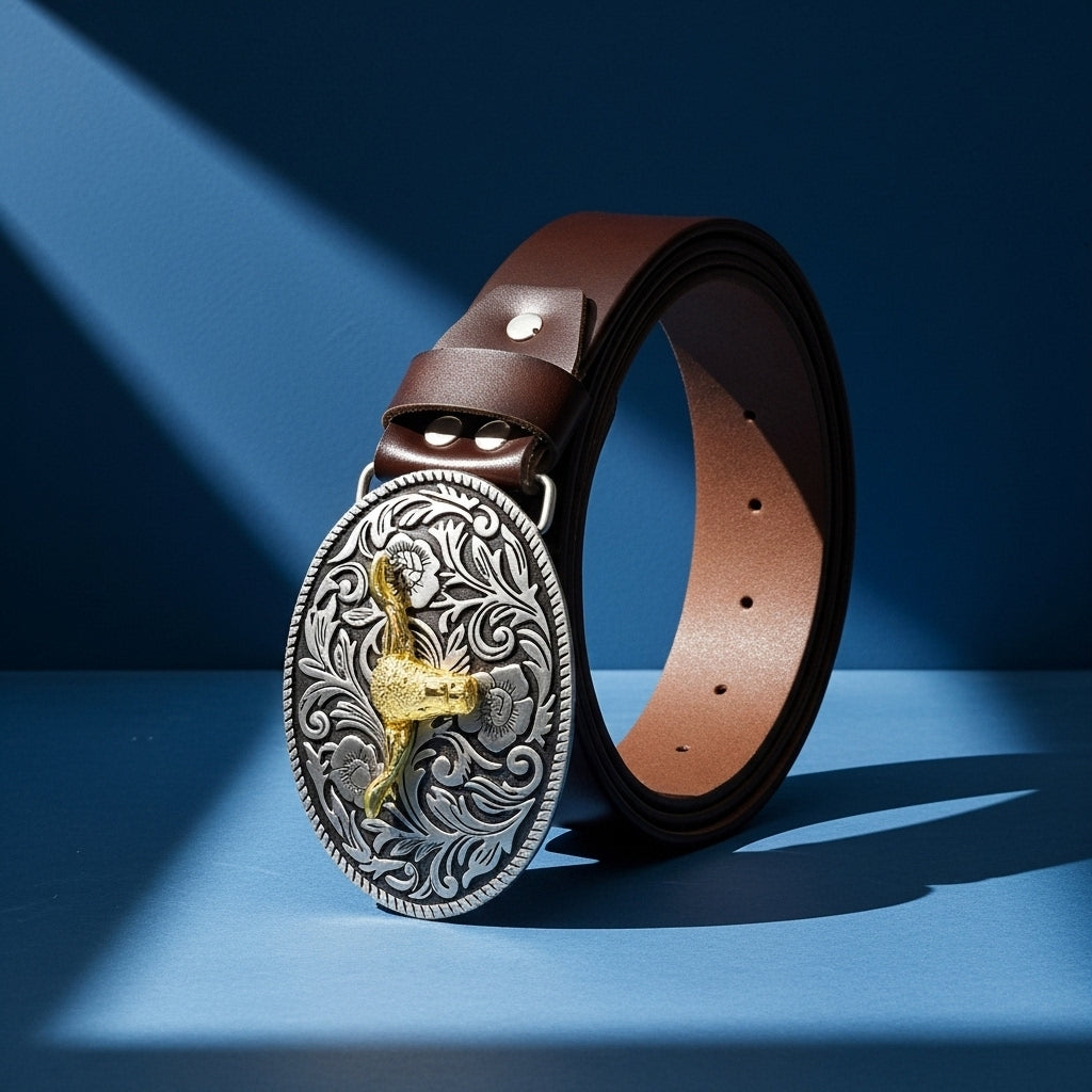 Ceinture pour homme Victorine 1 en cuir marron avec une boucle ovale ornée d'un motif tête de taureau dorée et de décorations florales argentées. #fullwidth