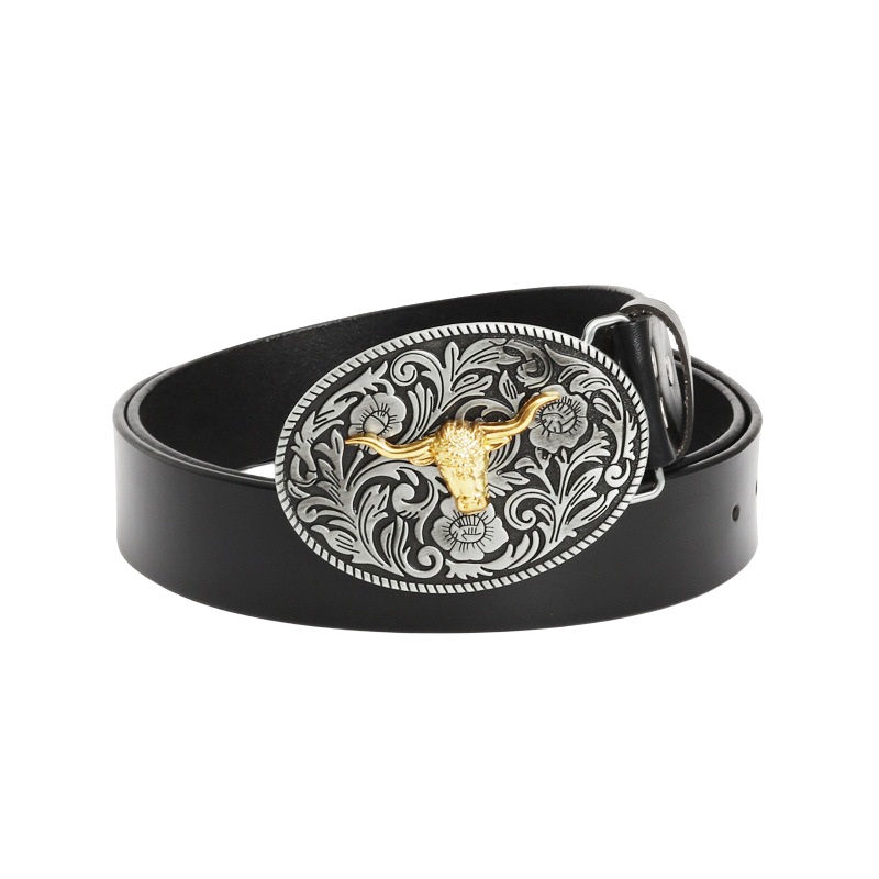 Ceinture homme Victorine 1 en cuir noir avec boucle ovale argentée ornée d'un taureau doré et de motifs floraux style western