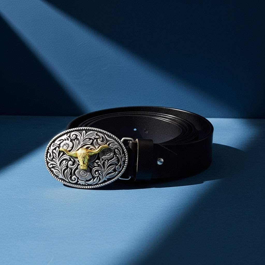 Ceinture pour homme Victorine 1 avec boucle ovale ornée d'une tête de taureau dorée et motifs floraux argentés, sur fond bleu. #fullwidth