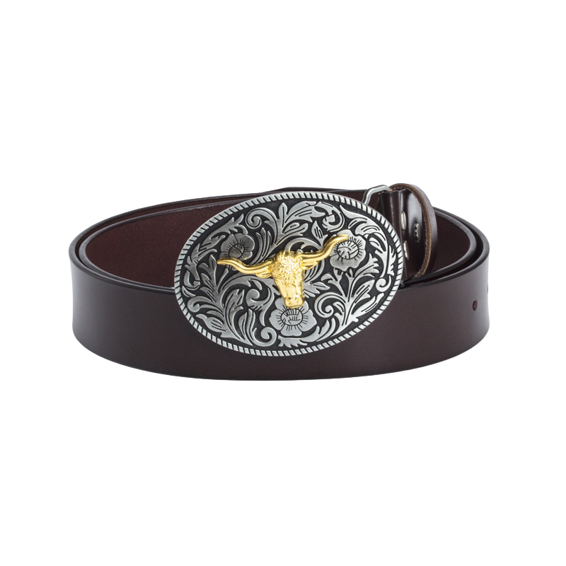 Ceinture homme Victorine 1 en cuir marron avec boucle ovale argentée ornée d'une tête de taureau dorée et de motifs floraux