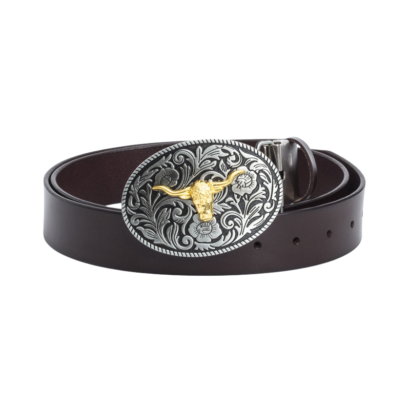 Ceinture pour homme Victorine 1 en cuir marron foncé avec une boucle ovale argentée ornée d'une tête de taureau dorée et de motifs floraux gravés.