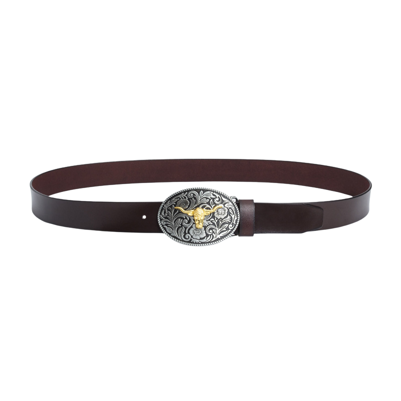 Ceinture homme Victorine 1 marron en cuir avec boucle ovale argentée ornée d'une tête de taureau dorée et de motifs floraux