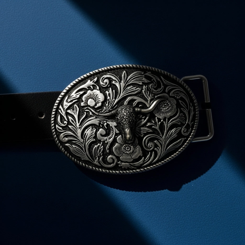 Ceinture Victorine 2 pour homme avec boucle ovale ornée d'une tête de taureau dorée et de motifs floraux, sur fond bleu #fullwidth