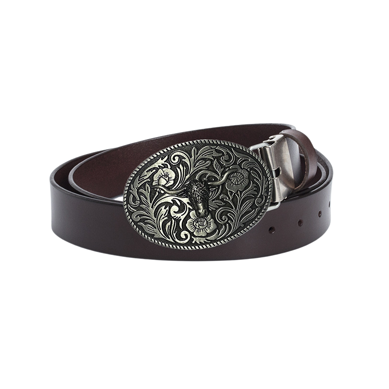 Ceinture pour homme Victorine 2 en cuir marron avec une boucle ovale argentée ornée d'un motif tête de taureau et de fleurs