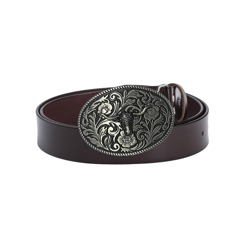 Ceinture homme Victorine 2 en cuir marron foncé avec une boucle ovale argentée ornée d'une tête de taureau stylisée et de motifs floraux