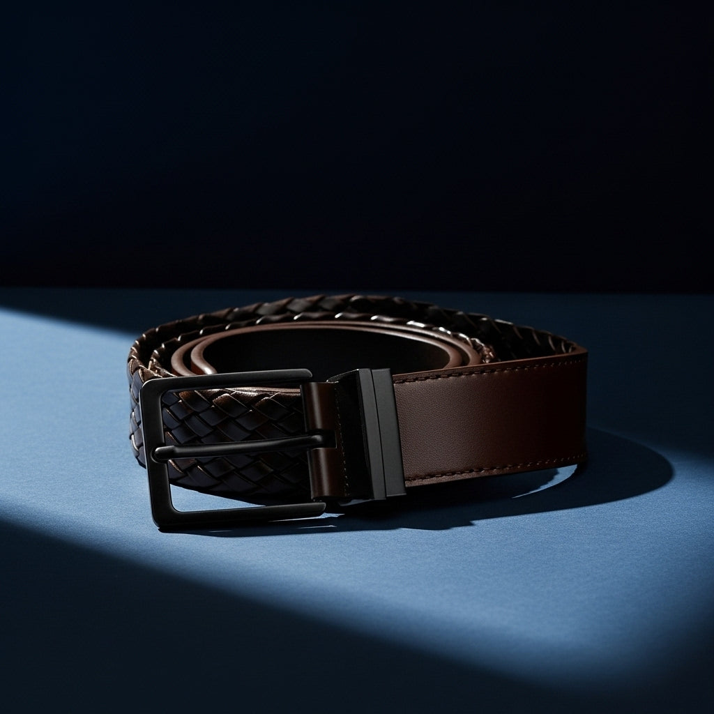 Ceinture Villon pour homme en croûte de cuir tressée marron avec boucle réversible noire mate en alliage. #fullwidth