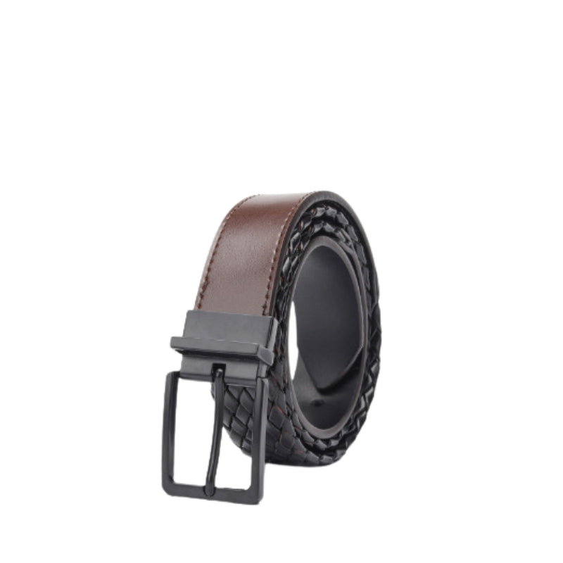 Ceinture Villon homme en croûte de cuir tressée marron et noire, avec boucle rectangulaire réversible noire.