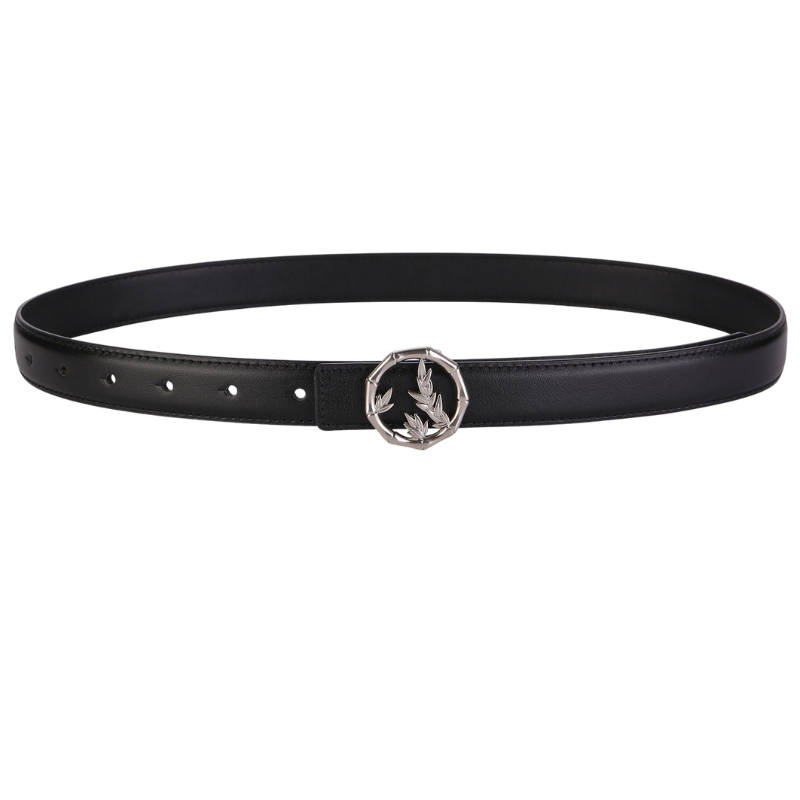 Ceinture Violette noire en cuir pleine fleur avec boucle ronde argentée ornée d'un motif feuille de bambou.