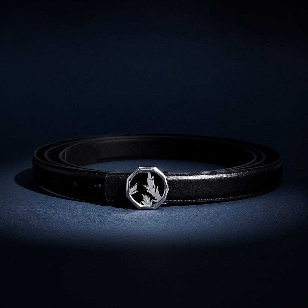 Ceinture Violette en cuir noir avec boucle argentée décorée de feuilles. #fullwidth