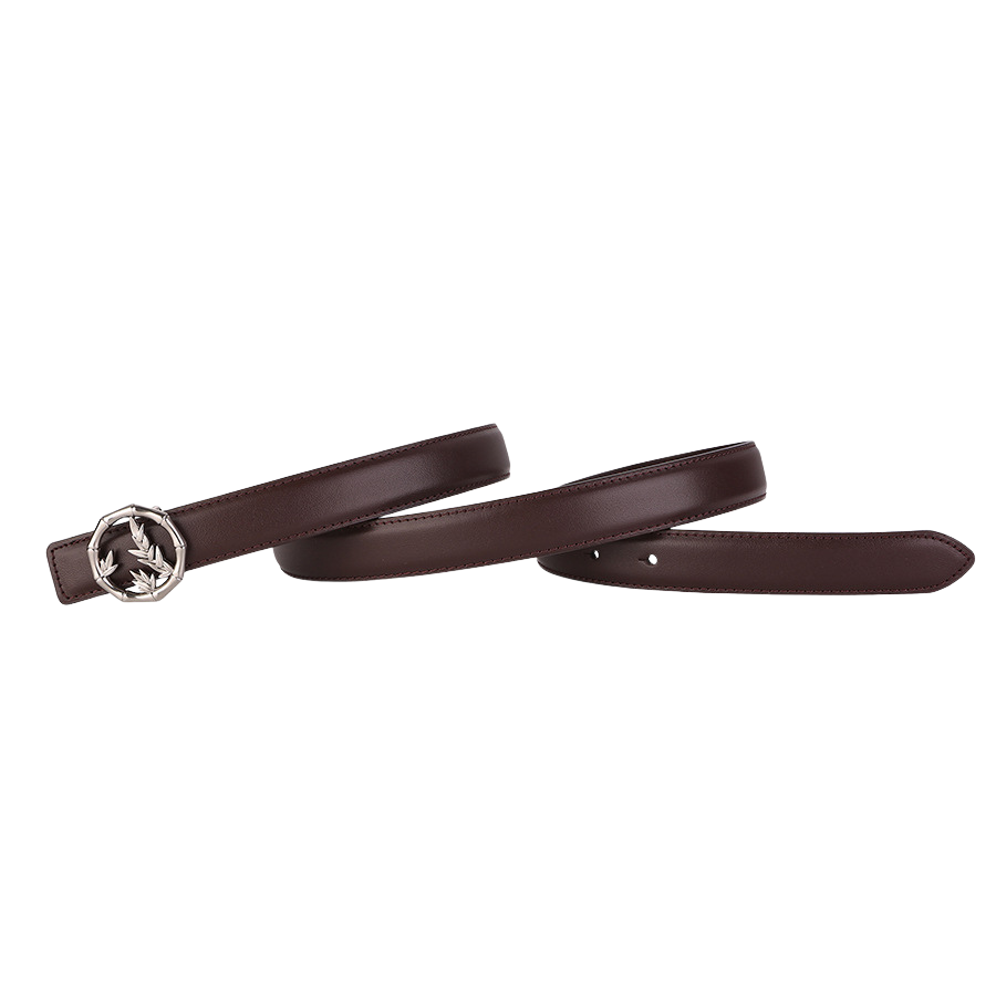 Ceinture pour femme Violette en cuir marron grainé avec une boucle ronde argentée ornée d'un motif feuille stylisé.