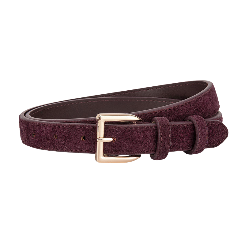 Ceinture femme Virtuose en daim bordeaux foncé avec boucle rectangulaire dorée.
