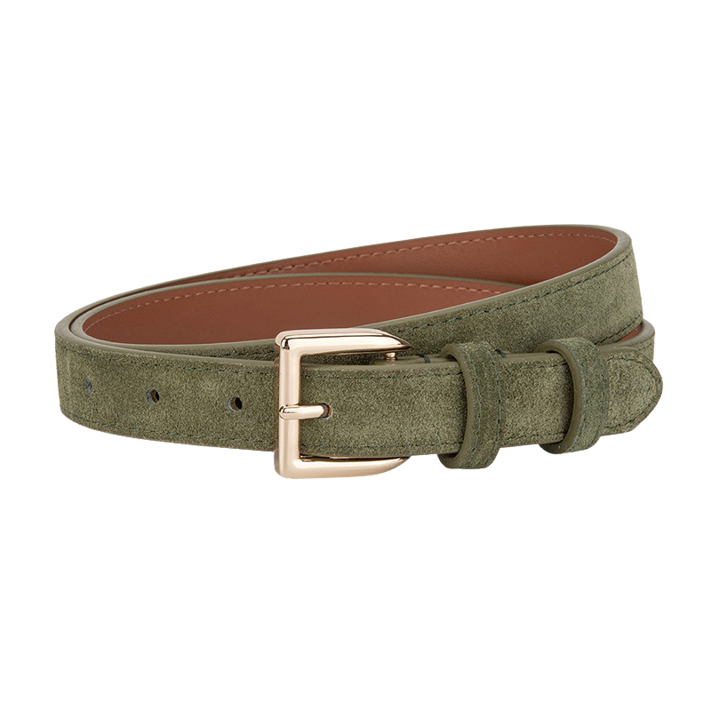 Ceinture femme Virtuose en cuir de vachette refendu vert forêt, avec finition daim et boucle rectangulaire dorée. Largeur classique de 2,3 cm.