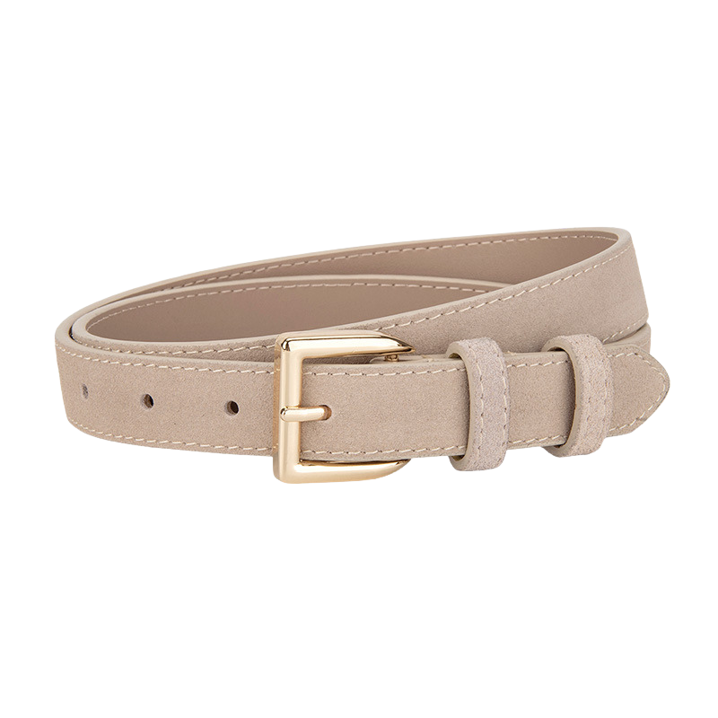 Ceinture femme Virtuose en cuir de vachette refendu finition daim beige, avec boucle rectangulaire dorée.