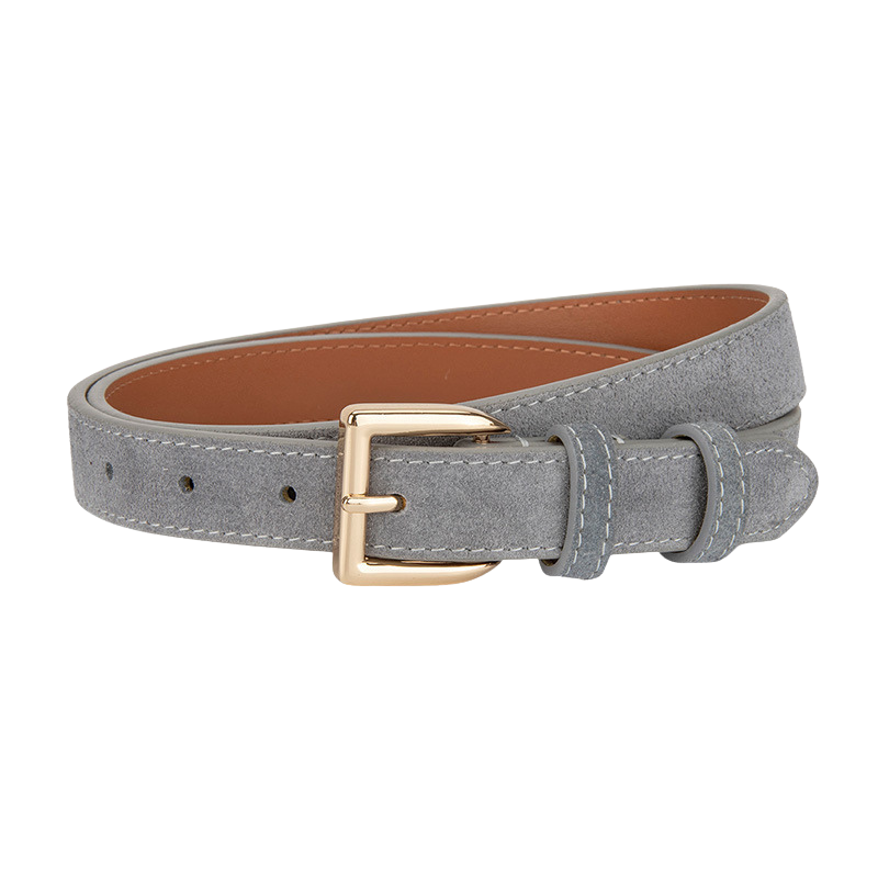Ceinture femme Virtuose en cuir de vachette gris avec finition daim, boucle rectangulaire dorée. Style vintage et élégant.