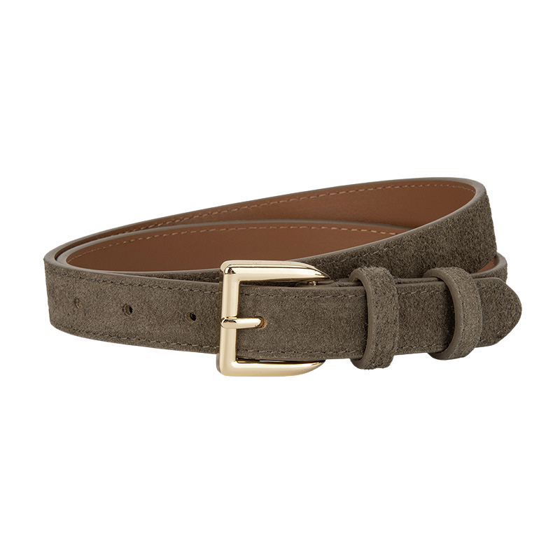 Ceinture femme Virtuose en cuir de vachette refendu finition daim couleur café clair avec boucle dorée rectangulaire.