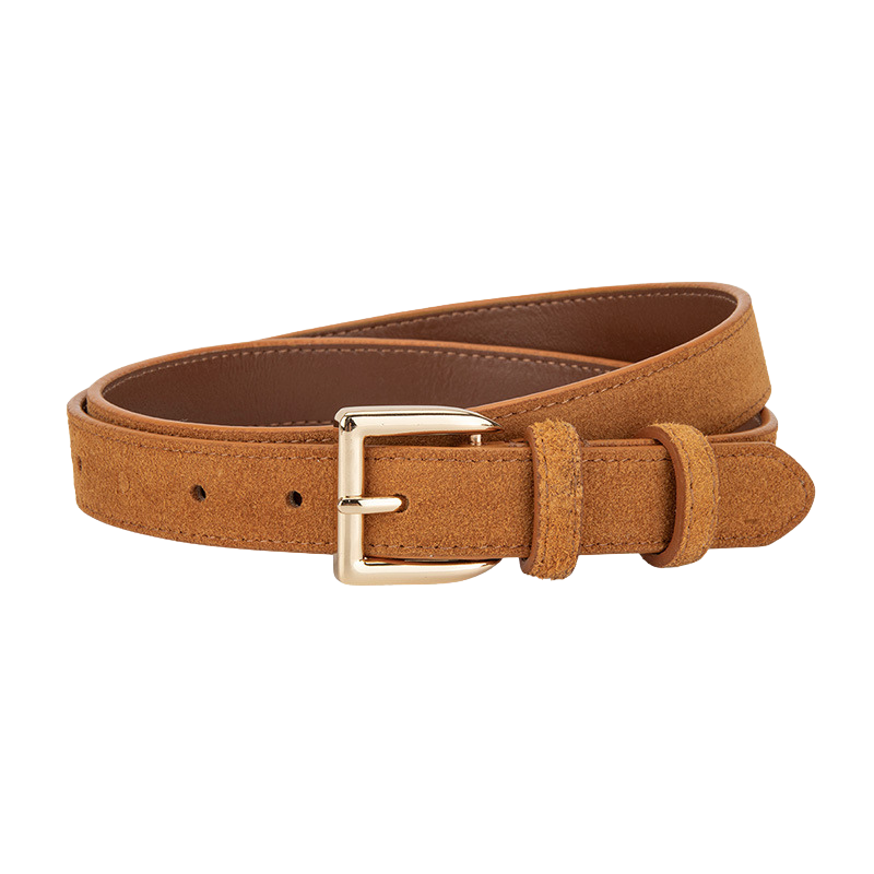 Ceinture femme Virtuose en cuir de vachette refendu marron avec fini daim et boucle rectangulaire dorée.