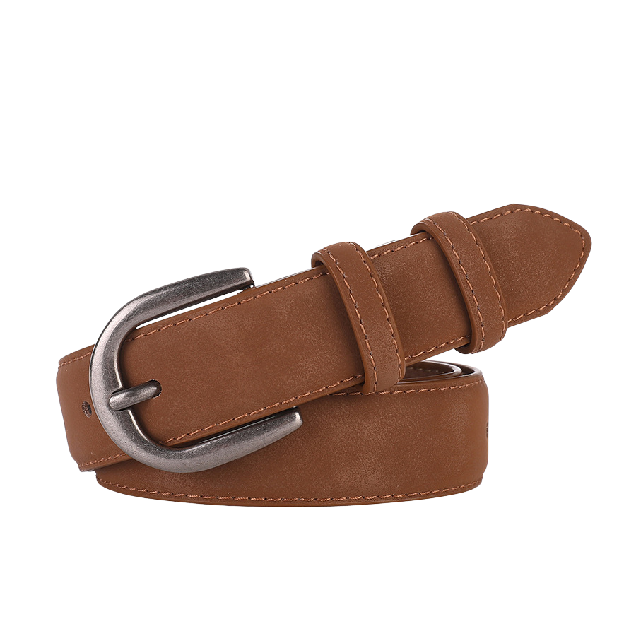 Ceinture femme Volage en cuir suédé marron avec boucle métallique argentée mate et surpiqûres apparentes.