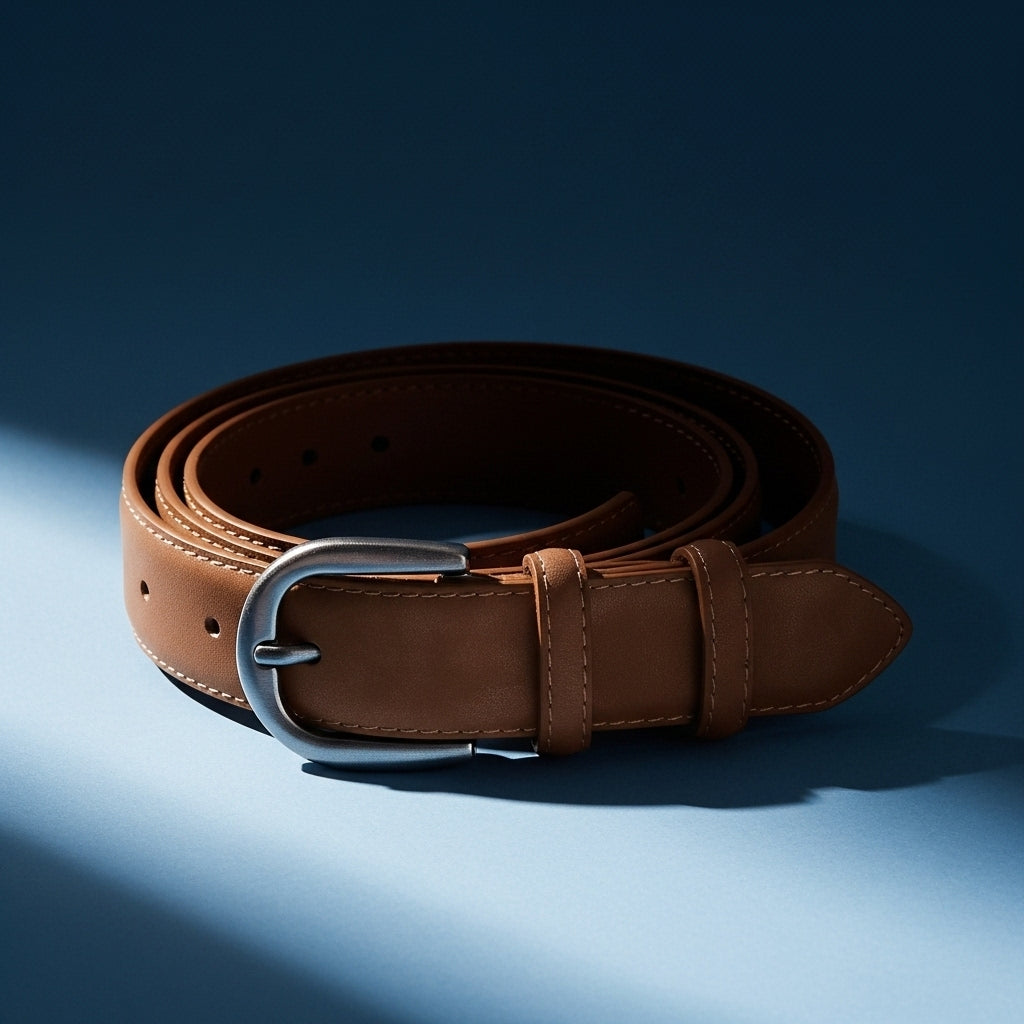 Ceinture artisanale Volage pour femme en cuir suédé marron clair, avec surpiqûres ton sur ton et boucle ardillon argentée mate arrondie. #fullwidth
