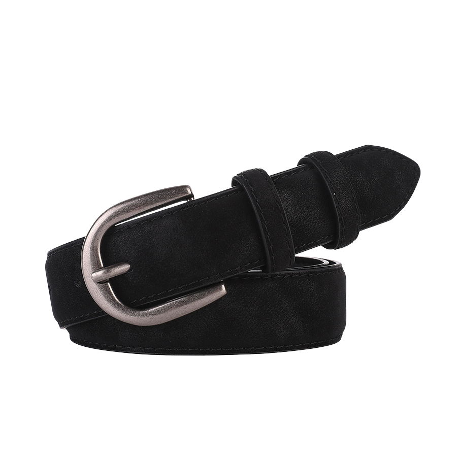 Ceinture Volage noire pour femme en cuir suédé avec boucle argentée mate et surpiqûres artisanales.