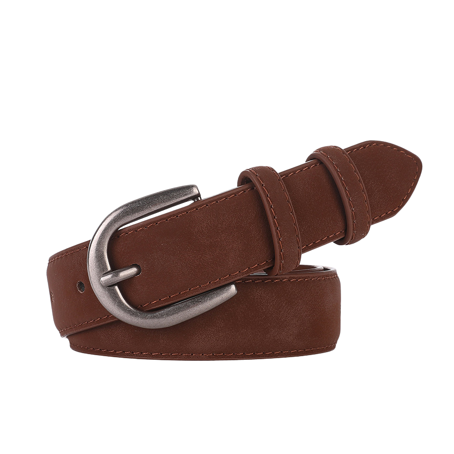 Ceinture artisanale marron pour femme, modèle Volage, en cuir suédé de vachette avec boucle arrondie gris mat argenté et surpiqûres visibles.